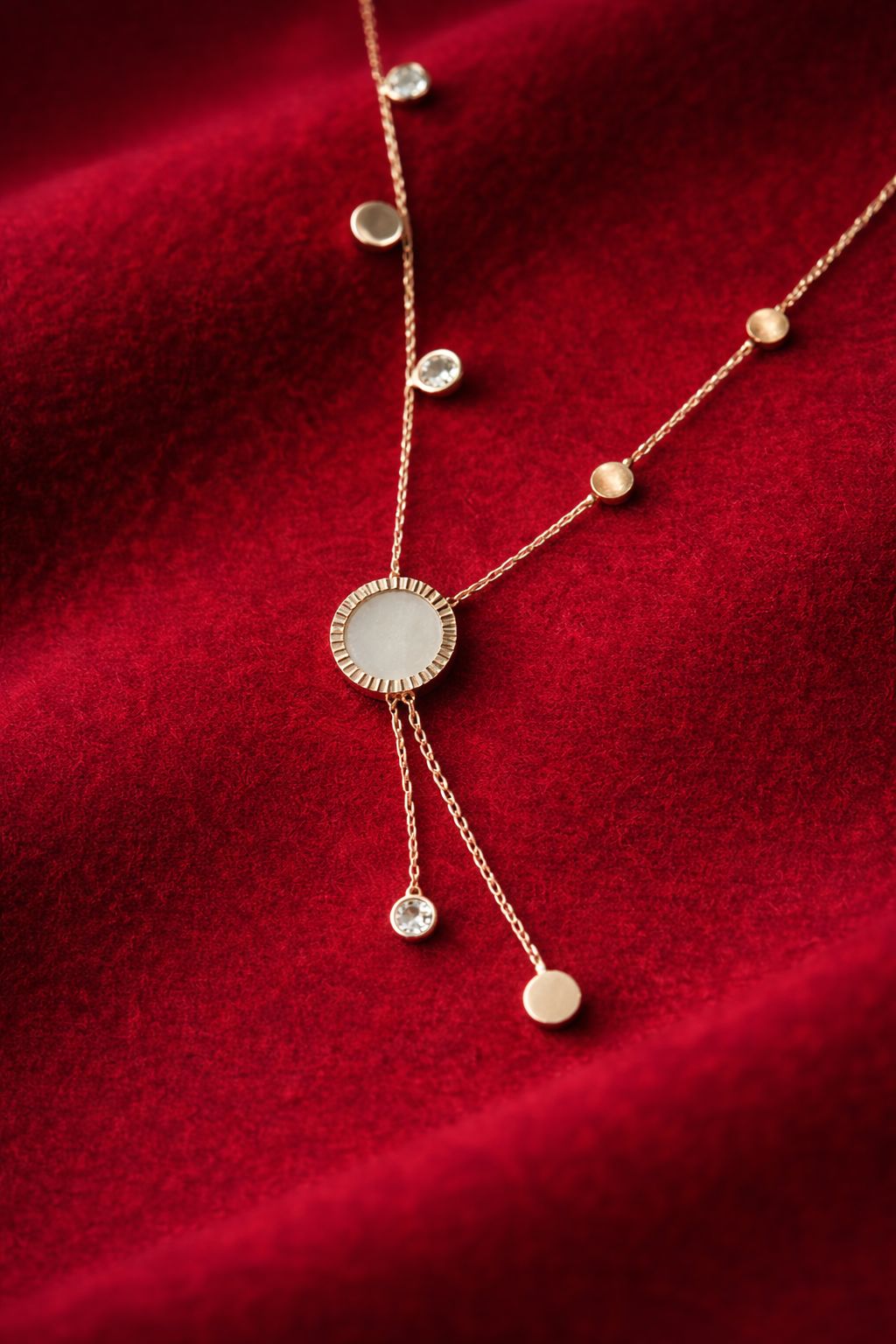 Gold-tone necklace with disc charm and delicate drop accents
