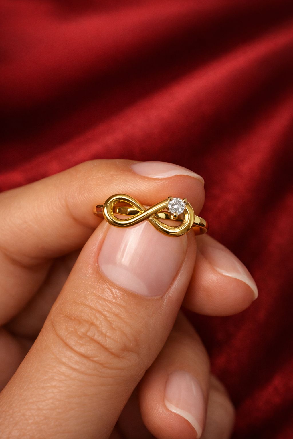 Gold plated infinity crystal ring held between fingers on red velvet background